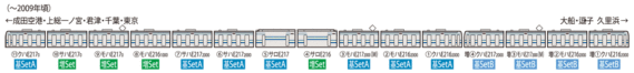 クハE217-0＋サハE217-0＋モハE217-0＋モハE216-1000＋サハE217-2000＋サハE217-2000＋サロE217＋サロE216＋モハE217-2000(M)＋モハE216-2000＋クハE216-2000 ＋ クハE217-2000＋モハE217-2000(M)＋モハE216-2000＋クハE216-2000