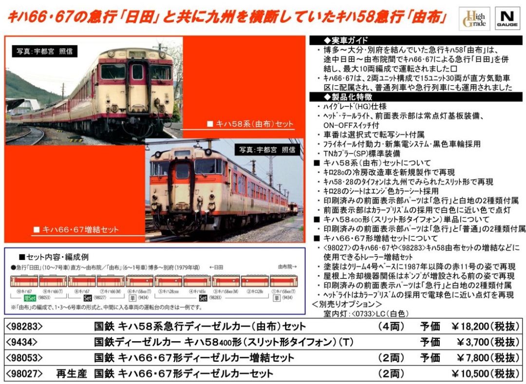 TOMIX 5月18日発売 キハ66・67、キハ58系由布セット、キハ58系400