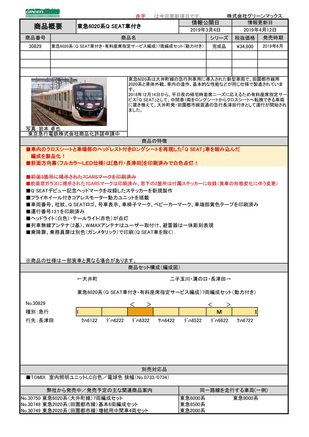 GREENMAX [商品仕様変更のお知らせ] 品番30829 東急6020系（Q SEAT車