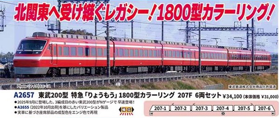 東武200型 特急「りょうもう」1800型カラーリング 207F 6両セット 2026