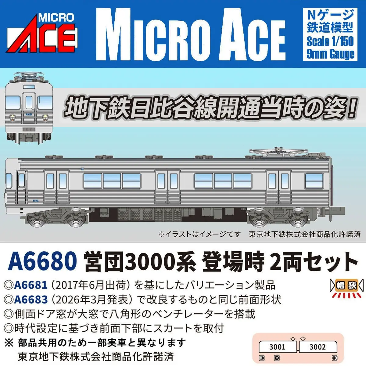 営団3000系 登場時 2両セット 2026年11月発売予定 A6680 MICROACE